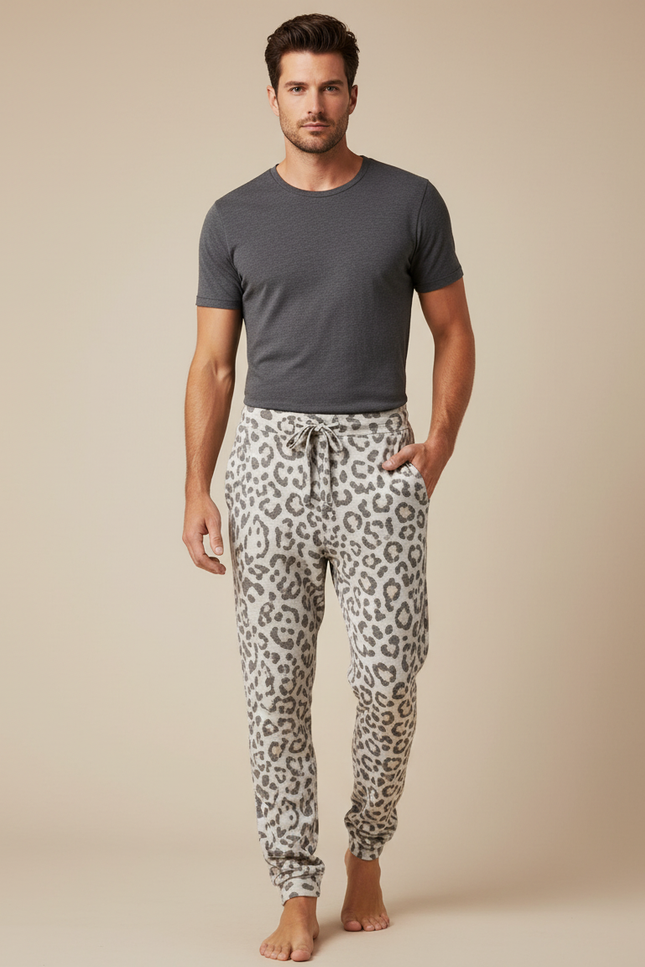 Pantalon Léopard Homme Jogging Imprimé Gris Décontracté Confortable - Molleton