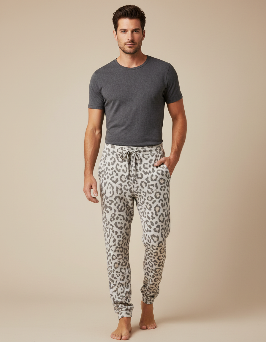 Pantalon Léopard Homme Jogging Imprimé Gris Décontracté Confortable - Molleton