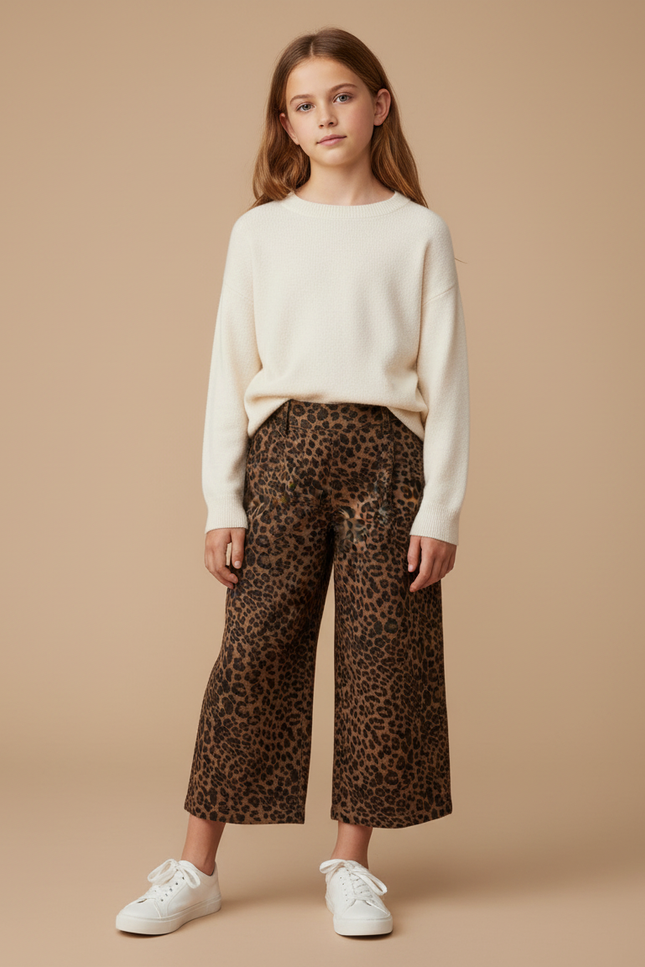 Pantalon Léopard Marron Ample Court Fille Décontracté - Molleton
