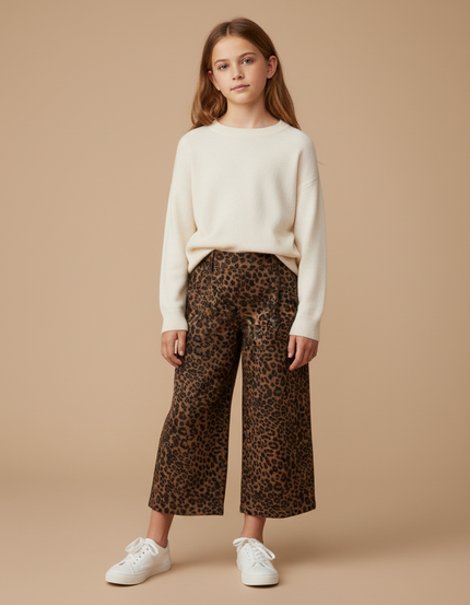 Pantalon Léopard Marron Ample Court Fille Décontracté - Molleton