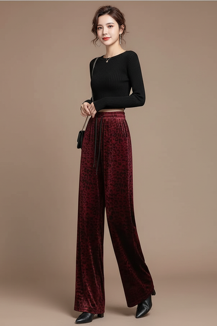 Pantalon Léopard Velours Bordeaux Large Fluide Élégant