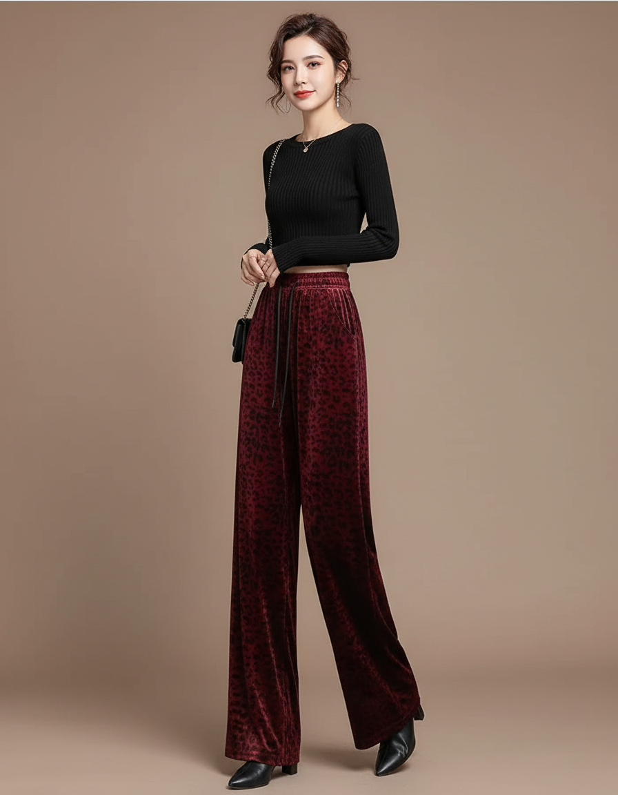 Pantalon Léopard Velours Bordeaux Large Fluide Élégant