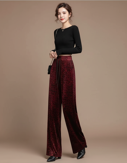 Pantalon Léopard Velours Bordeaux Large Fluide Élégant