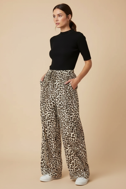 Pantalon Léopard Fluide Imprimé Taille Haute Décontracté - Viscose