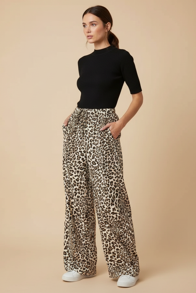 Pantalon Léopard Fluide Imprimé Taille Haute Décontracté - Viscose