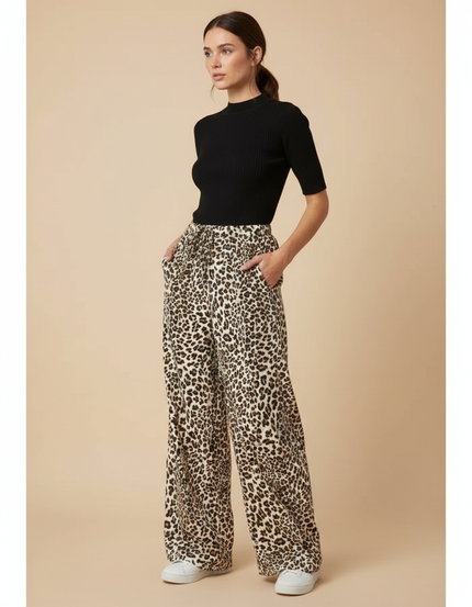Pantalon Léopard Fluide Imprimé Taille Haute Décontracté - Viscose