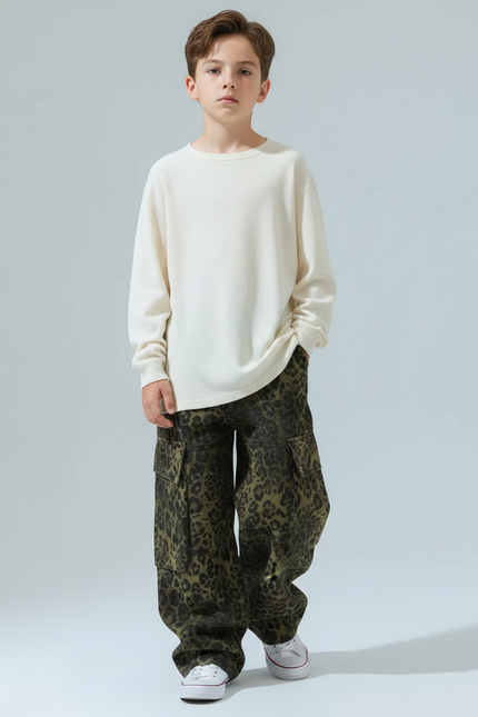 Pantalon Léopard Cargo Vert Ample Enfant Coton - Kaki Toile