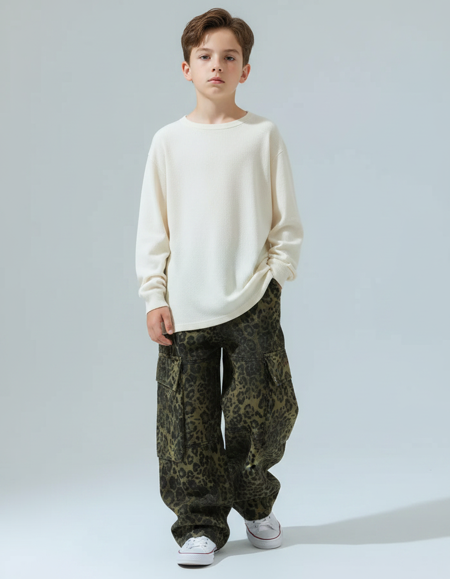 Pantalon Léopard Cargo Vert Ample Enfant Coton - Kaki Toile