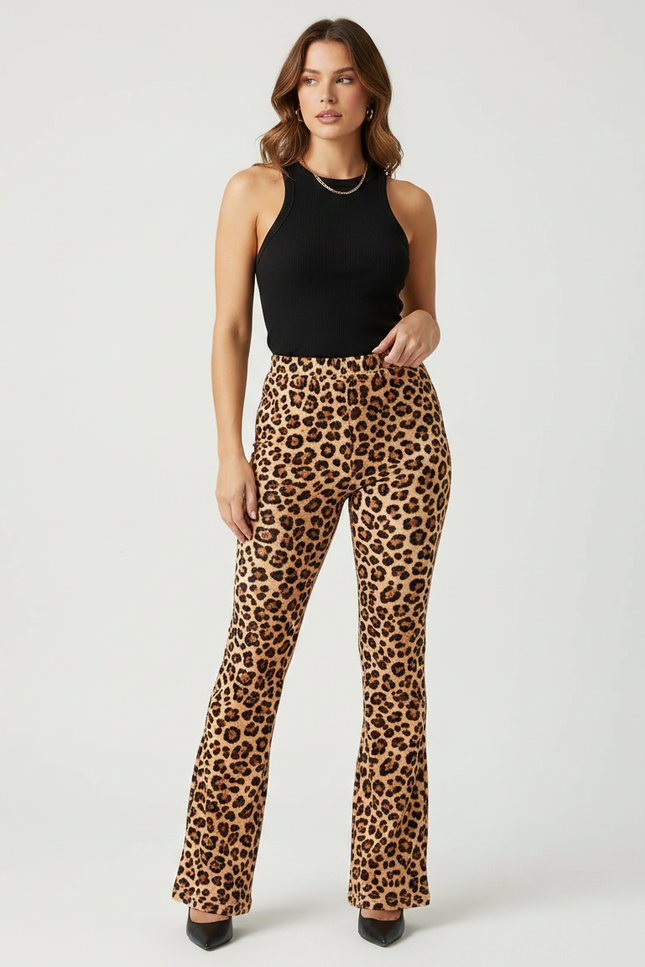 Pantalon Léopard Évasé Imprimé Ajusté Femme - Maille