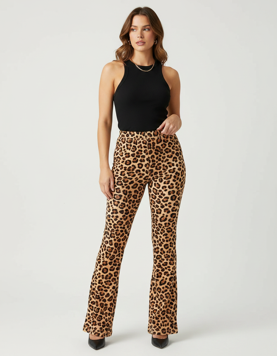 Pantalon Léopard Évasé Imprimé Ajusté Femme - Maille