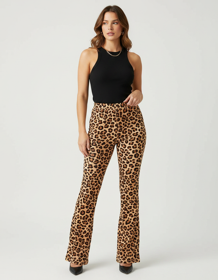 Pantalon Léopard Évasé Imprimé Ajusté Femme - Maille