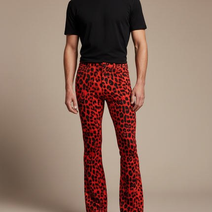 Pantalon Léopard Rouge Noir Évasé Imprimé Moulant - Polyester