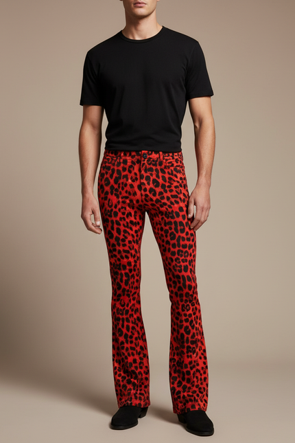 Pantalon Léopard Rouge Noir Évasé Imprimé Moulant - Polyester