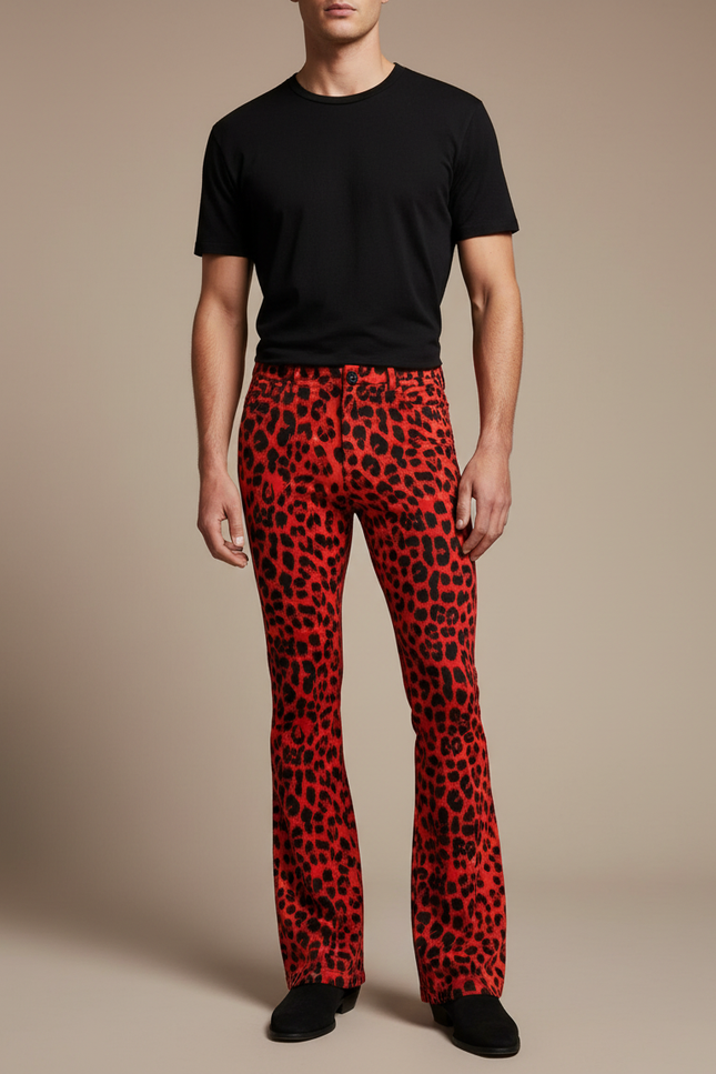 Pantalon Léopard Rouge Noir Évasé Imprimé Moulant - Polyester