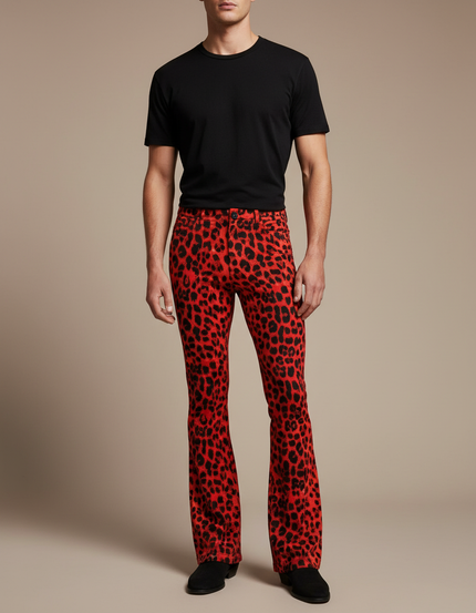 Pantalon Léopard Rouge Noir Évasé Imprimé Moulant - Polyester