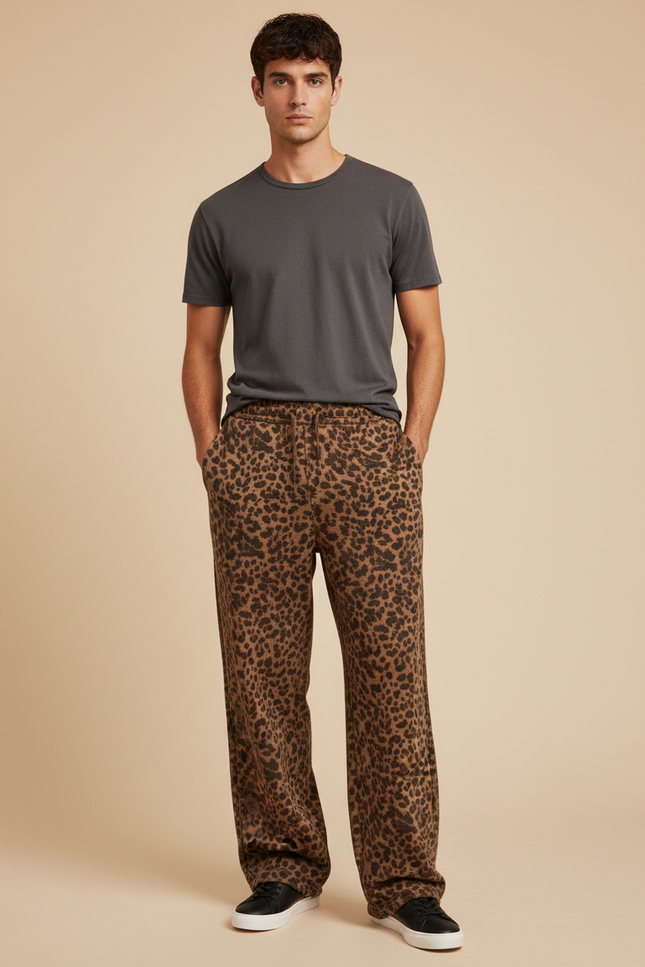 Pantalon Léopard Homme Imprimé Ample Décontracté Marron - Molleton