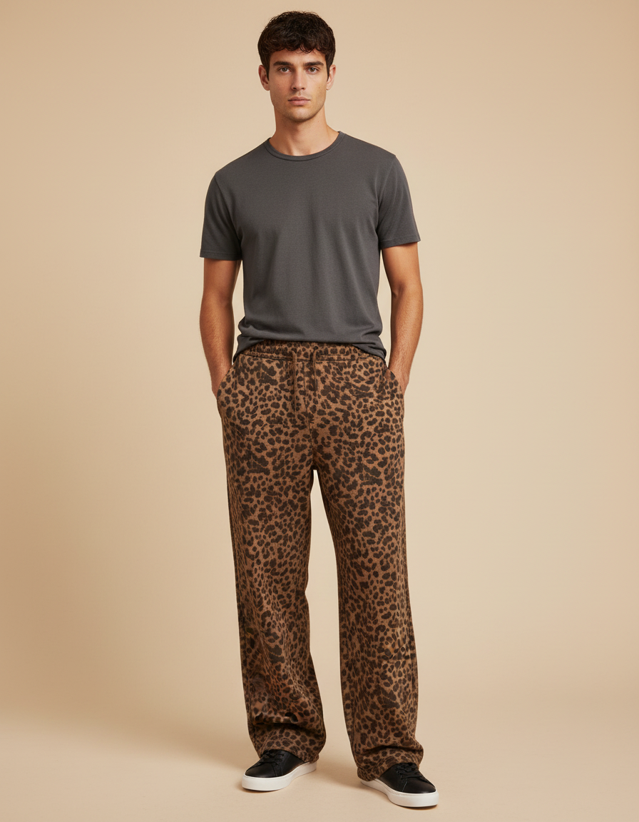 Pantalon Léopard Homme Imprimé Ample Décontracté Marron - Molleton