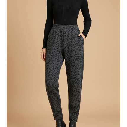 Pantalon Léopard Gris Foncé Molletonné Décontracté Femme - Imprimé