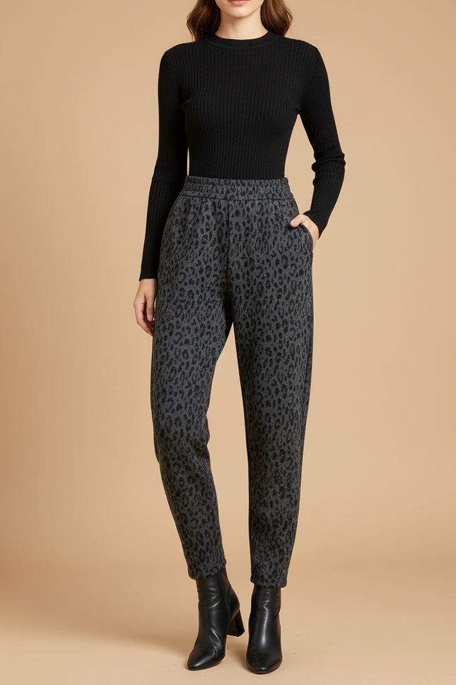 Pantalon Léopard Gris Foncé Molletonné Décontracté Femme - Imprimé