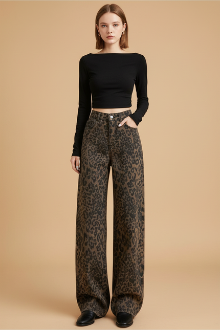 Pantalon Léopard Marron Imprimé Large Vintage Décontracté - Jean