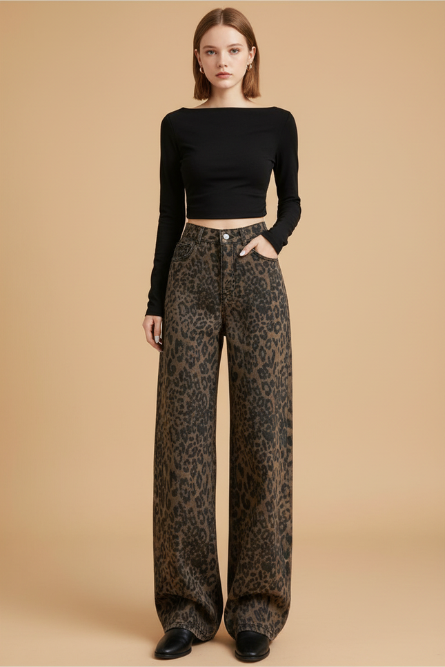 Pantalon Léopard Marron Imprimé Large Vintage Décontracté - Jean
