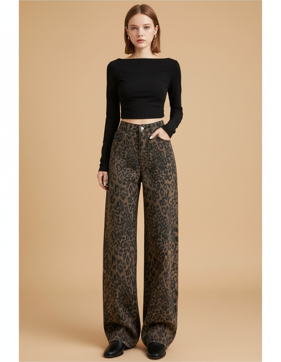 Pantalon Léopard Marron Imprimé Large Vintage Décontracté - Jean