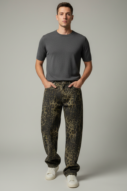 Pantalon Léopard Ample Imprimé Streetwear Délavé Homme - Jean