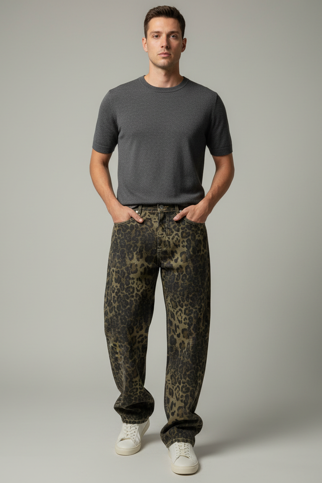 Pantalon Léopard Ample Imprimé Streetwear Délavé Homme - Jean