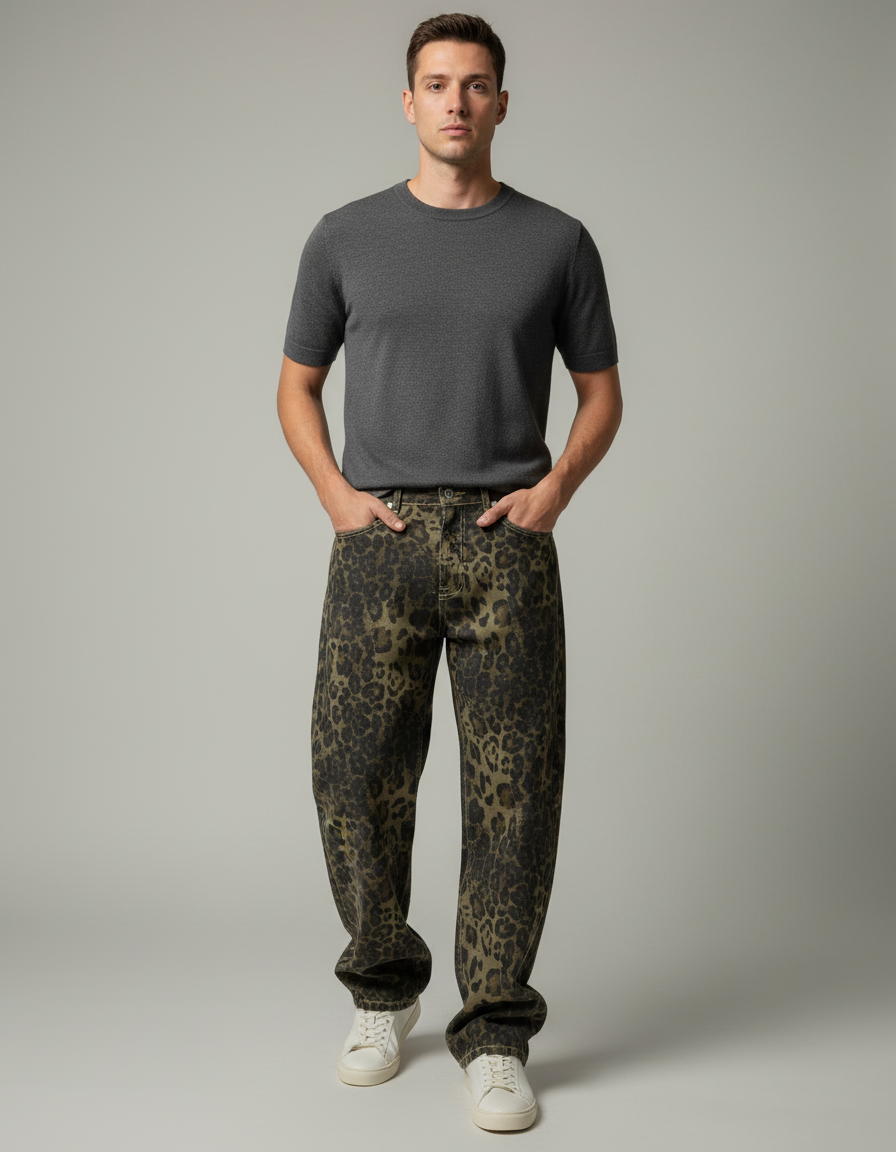 Pantalon Léopard Ample Imprimé Streetwear Délavé Homme - Jean