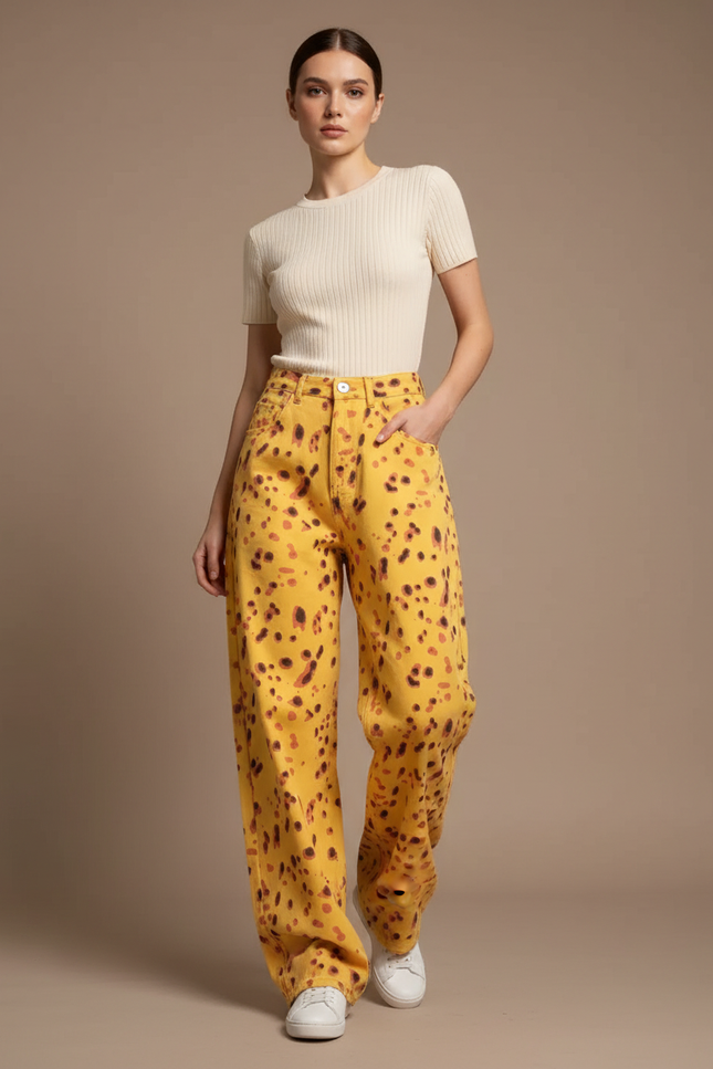 Pantalon Léopard Jaune Ample Imprimé Taches Décontracté - Jean