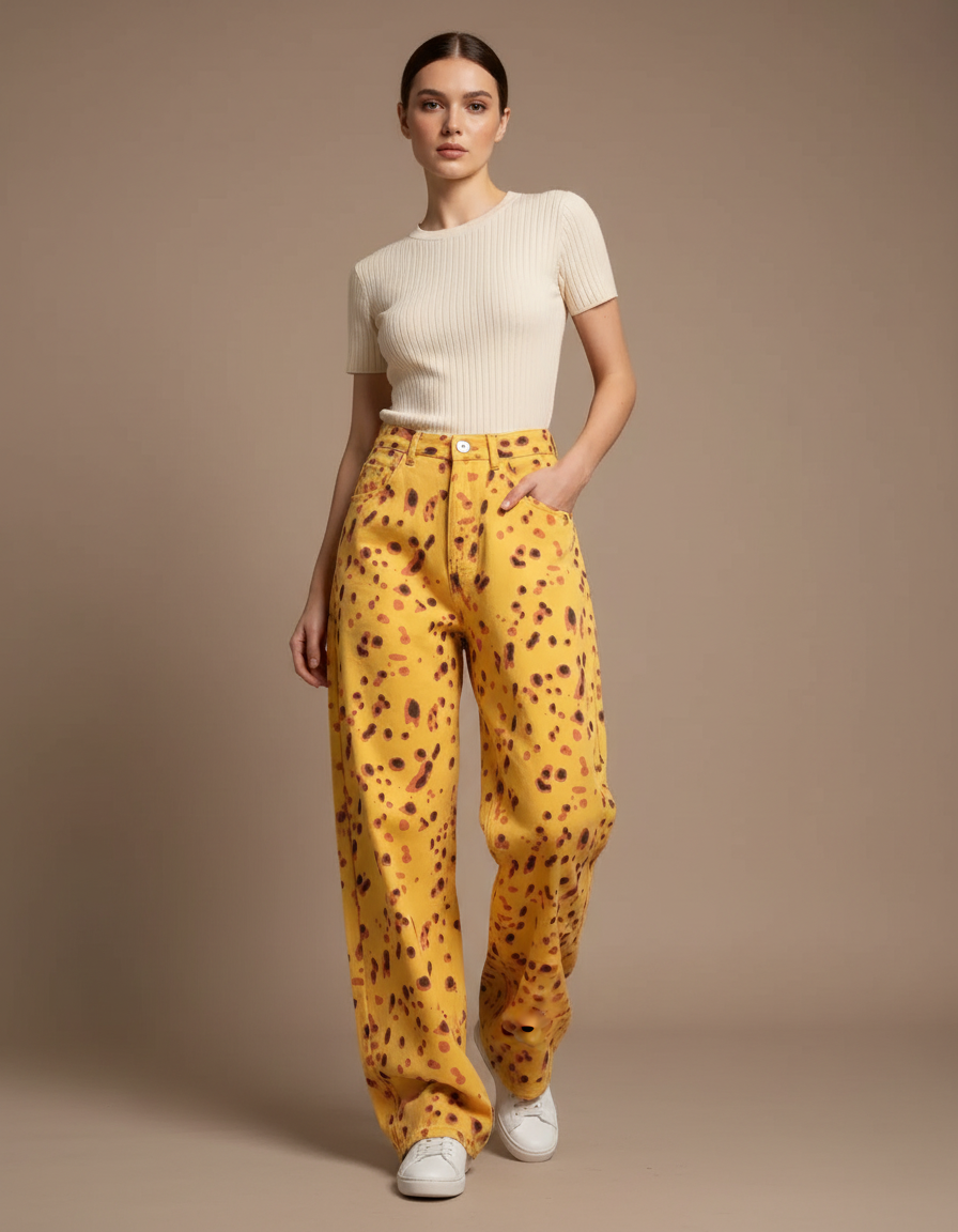 Pantalon Léopard Jaune Ample Imprimé Taches Décontracté - Jean