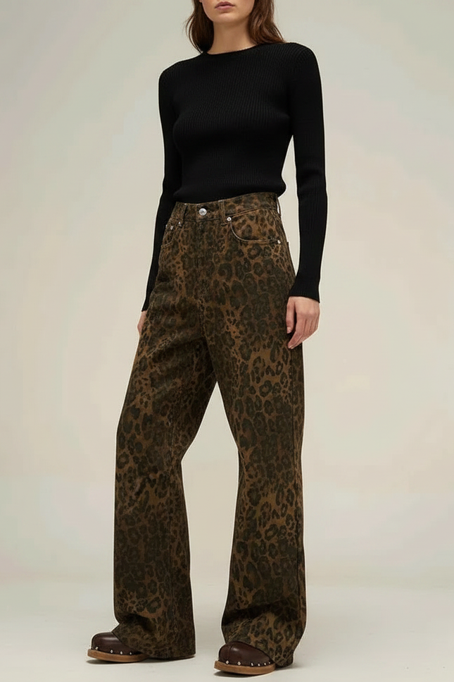 Pantalon Léopard Marron Jean Ample Lavé Vintage - Imprimé