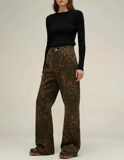Pantalon Léopard Marron Jean Ample Lavé Vintage - Imprimé