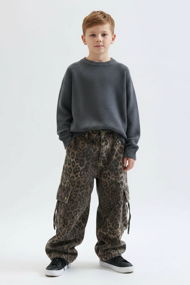 Pantalon Léopard Cargo Ample Garçon Imprimé Marron - Toile