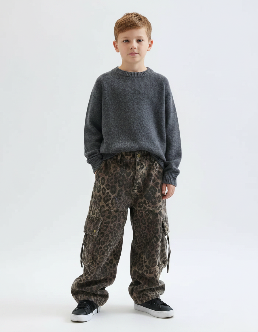 Pantalon Léopard Cargo Ample Garçon Imprimé Marron - Toile