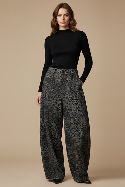Pantalon Léopard Gris Ample Imprimé Vintage Femme - Viscose