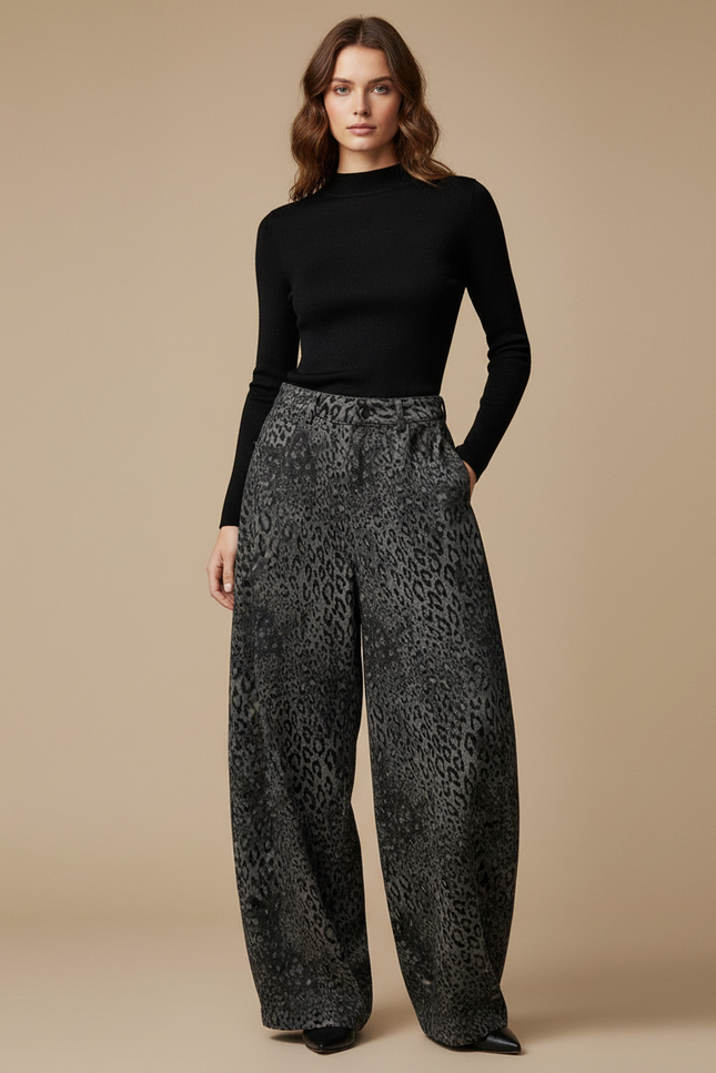 Pantalon Léopard Gris Ample Imprimé Vintage Femme - Viscose
