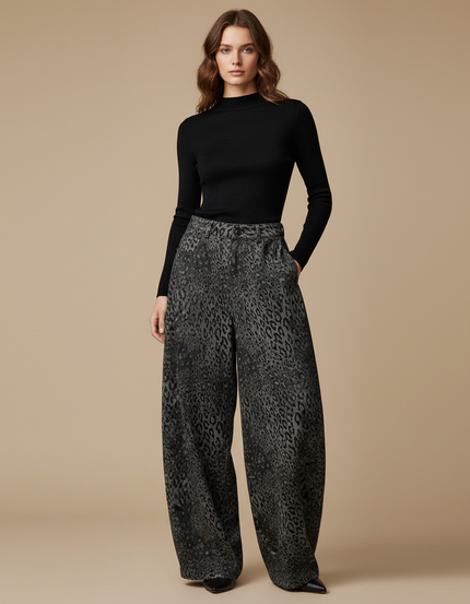 Pantalon Léopard Gris Ample Imprimé Vintage Femme - Viscose