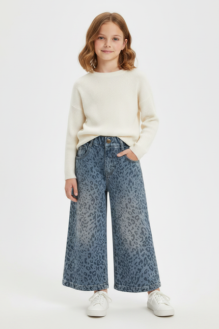 Pantalon Léopard Bleu Denim Ample Fille Imprimé - Jean