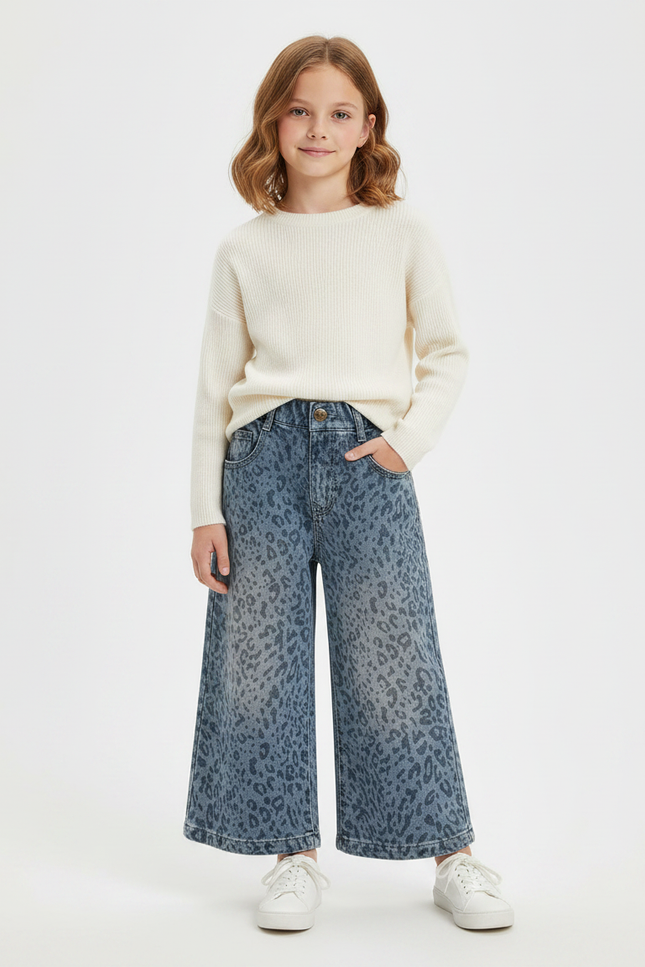Pantalon Léopard Bleu Denim Ample Fille Imprimé - Jean