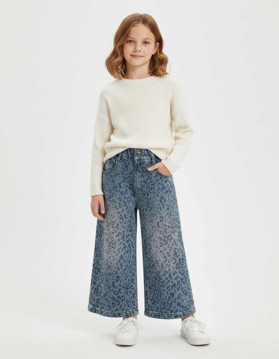 Pantalon Léopard Bleu Denim Ample Fille Imprimé - Jean