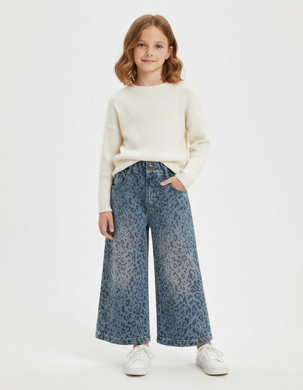 Pantalon Léopard Bleu Denim Ample Fille Imprimé - Jean