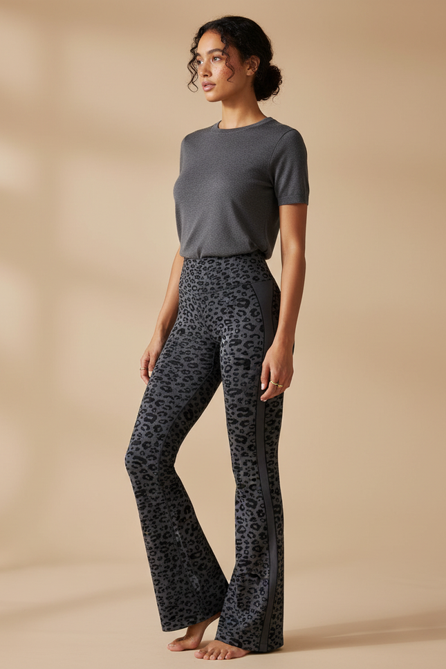 Pantalon Léopard Gris Évasé Imprimé Animal Sport - Polyester