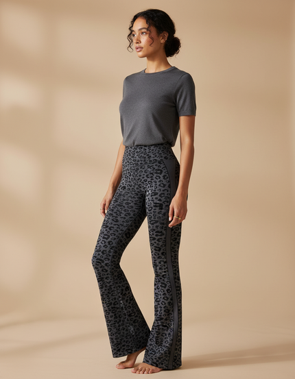 Pantalon Léopard Gris Évasé Imprimé Animal Sport - Polyester