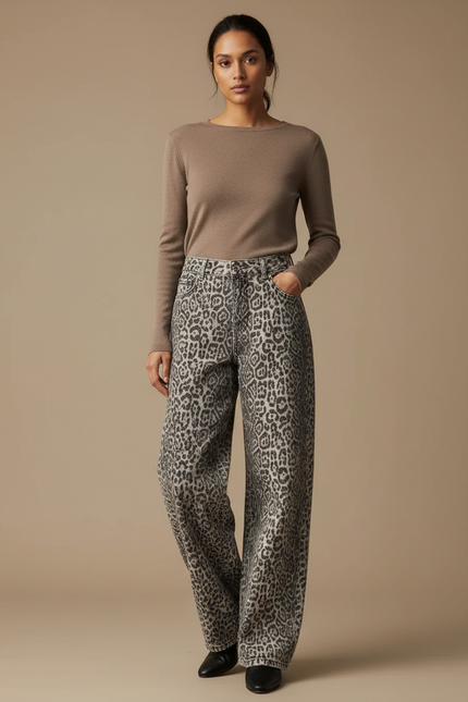 Pantalon Léopard Ample Gris Imprimé Délavé Vintage Taille Haute - Jean