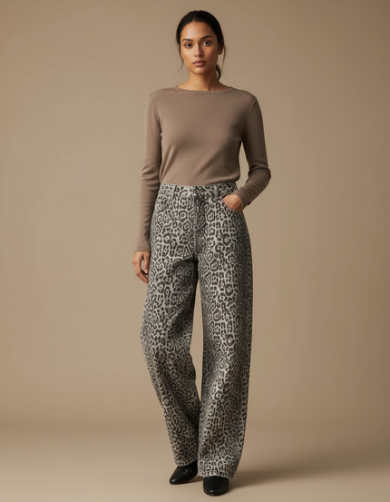 Pantalon Léopard Ample Gris Imprimé Délavé Vintage Taille Haute - Jean