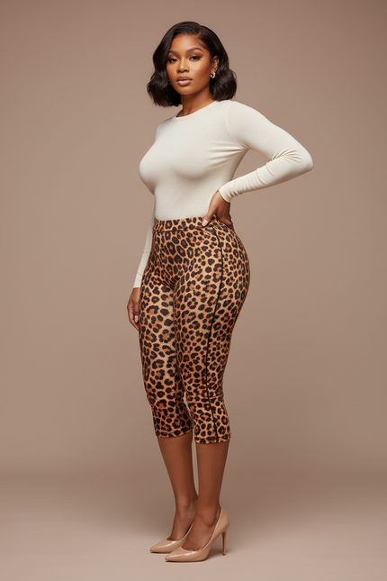 Pantalon Léopard Marron Imprimé Capris Ajusté Femme - Maille