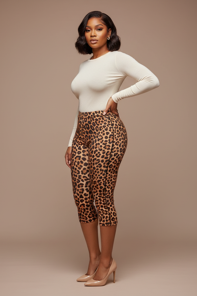 Pantalon Léopard Marron Imprimé Capris Ajusté Femme - Maille