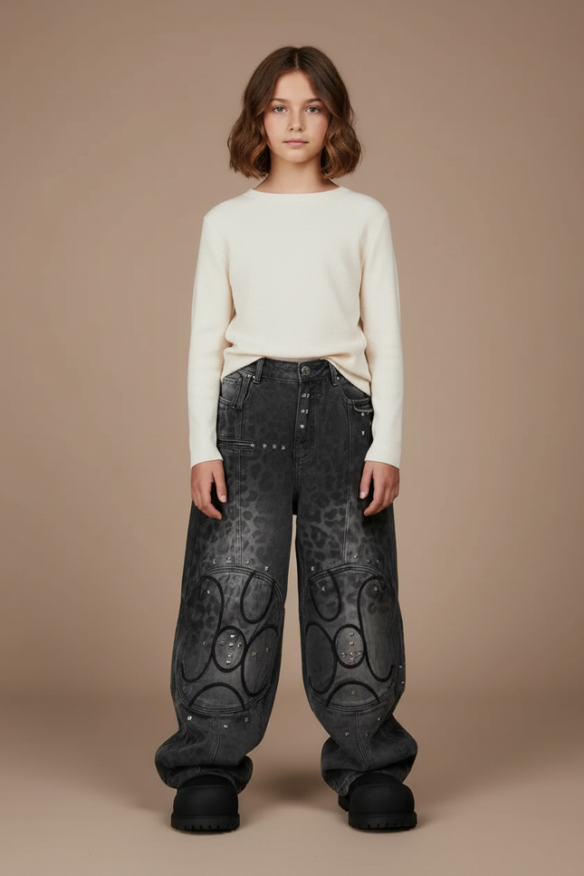 Pantalon Léopard Gris Délavé Large Motif Géométrique Clouté - Jean