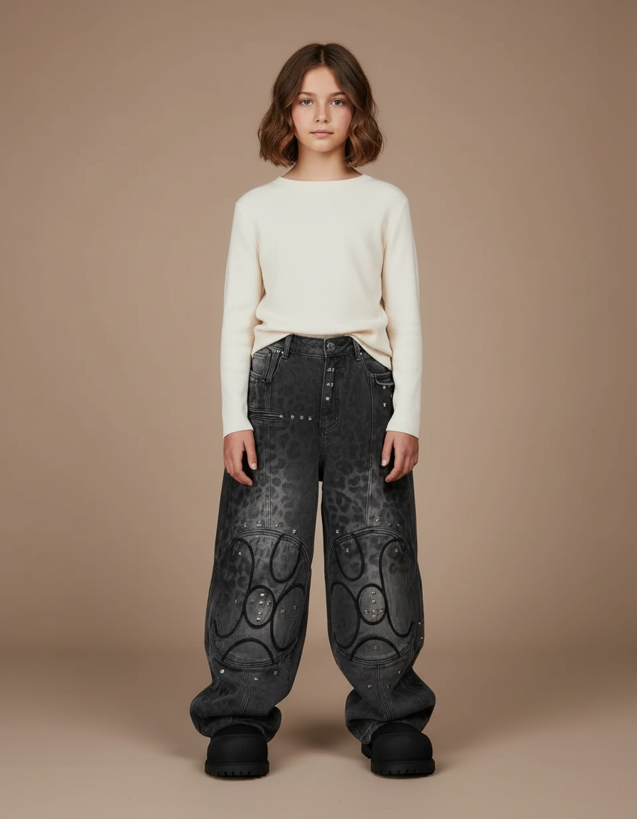 Pantalon Léopard Gris Délavé Large Motif Géométrique Clouté - Jean